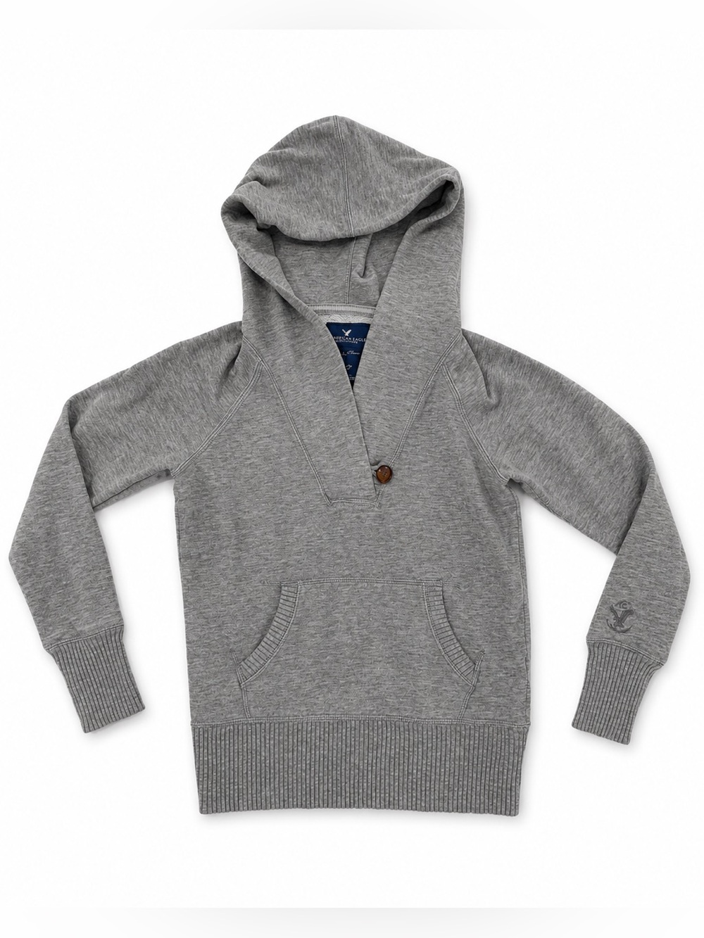 American Eagle Eagle Fleece Gray Button V-Neck Hoodie Pullover XS
